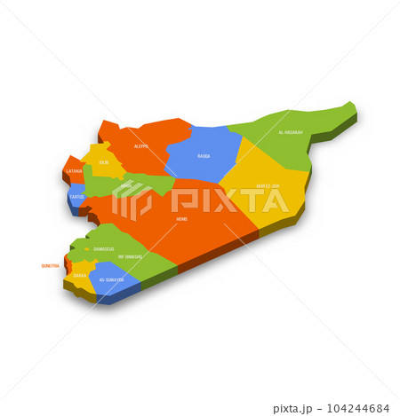 Syria political map of administrative divisions - governorates. Colorful 3D vector map with country province names and dropped shadow. 104244684