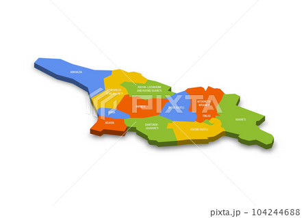 Georgia political map of administrative divisions - regions and autonomous republics of Abkhasia and Adjara. Colorful 3D vector map with country province names and dropped shadow. 104244688