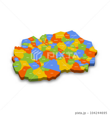 North Macedonia political map of administrative divisions - municipalities. Colorful 3D vector map with country province names and dropped shadow. 104244695