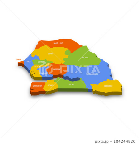 Senegal political map of administrative divisions - regions. Colorful 3D vector map with country province names and dropped shadow. Senegal political map of administrative divisions - regions. Colorful 3D vector map with country province names and dropped shadow. 104244920