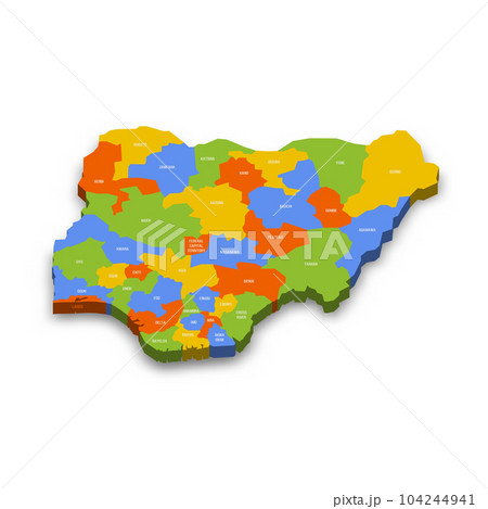 Nigeria political map of administrative divisions - states and federal capital territory. Colorful 3D vector map with country province names and dropped shadow. Nigeria political map of administrative divisions - states and federal capital territory. Colorful 3D vector map with country province names and dropped shadow. 104244941