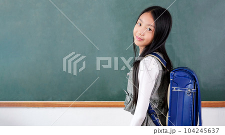 Happy schoolgirl with schoolbag portrait in the classroom 104245637