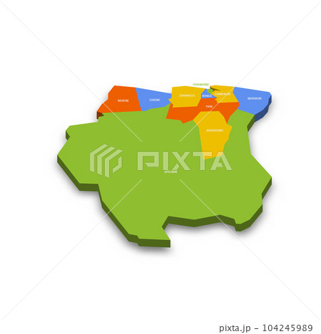 Suriname political map of administrative divisions - districts. Colorful 3D vector map with country province names and dropped shadow. 104245989