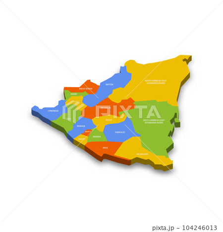 Nicaragua political map of administrative divisions - departments and autonomous regions. Colorful 3D vector map with country province names and dropped shadow. 104246013