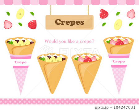 クレープのイラスト素材、バナナチョコレートとイチゴカスタードクリームのクレープ 104247031