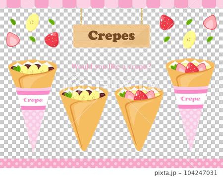 クレープのイラスト素材、バナナチョコレートとイチゴカスタードクリームのクレープ 104247031