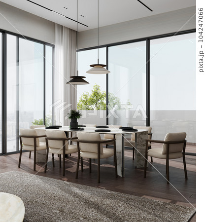 Minimalist modern living room interior background with table, living room mock up in scandinavian style, dining zone, 3d rendering 104247066