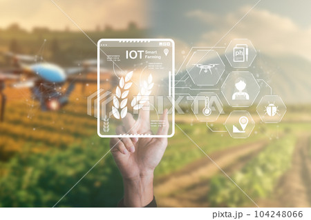 Smart Farming using IOT Internet Of Thinking technology and analysis with AI artificak intelligence help to improvement, research and development productivity of farming. 104248066