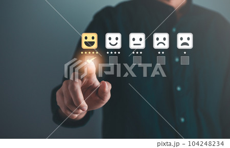Business man point five stars survey rating icon for customer satisfaction scores. customer satisfaction concept. Business man point five stars survey rating icon for customer satisfaction scores. customer satisfaction concept. 104248234