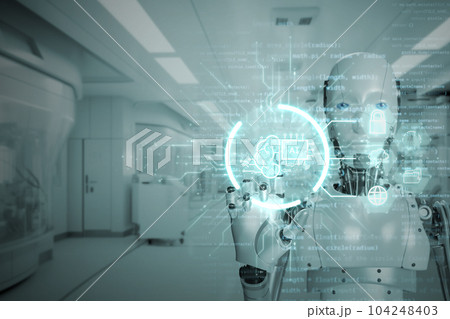 Digital information technology concept. Robot touching AI artificial intelligence screen. Digital information technology concept. Robot touching AI artificial intelligence screen. 104248403