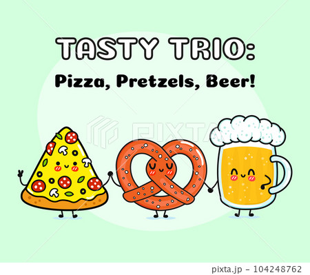 Cute, funny happy glass of beer, pizza and pretzel. Vector hand drawn cartoon kawaii characters, illustration icon. Funny cartoon glass of beer, pizza and pretzel mascot friends concept 104248762