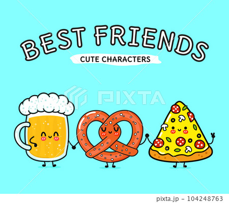 Cute, funny happy glass of beer, pizza and pretzel. Vector hand drawn cartoon kawaii characters, illustration icon. Funny cartoon glass of beer, pizza and pretzel mascot friends concept Cute, funny happy glass of beer, pizza and pretzel. Vector hand drawn cartoon kawaii characters, illustration icon. Funny cartoon glass of beer, pizza and pretzel mascot friends concept 104248763