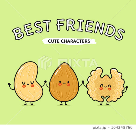 Cute, funny happy almonds, Walnut and cashews nut. Vector hand drawn cartoon kawaii characters, illustration icon. Funny happy cartoon almond, Walnut cashew nut mascot friends concept 104248766
