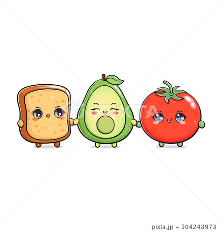 Avocado bread tomato. Vector hand drawn doodle style cartoon character illustration icon design. Happy Avocado bread tomato friends concept card 104248973