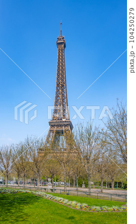 Eiffel Tower on sunny spring day. View from green lawn on Champs de Mars. Paris, France 104250279