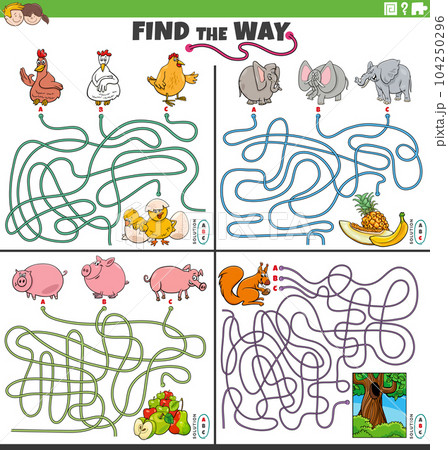 find the way maze games set with cartoon animal characters find the way maze games set with cartoon animal characters 104250296