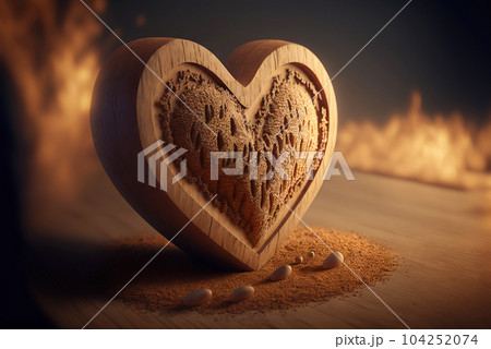 Wooden ornate hearts on table. Valentine's day carved hearts. Generative AI Wooden ornate hearts on table. Valentine's day carved hearts. Generative AI 104252074