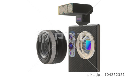 Conceptual 3D illustration of a mobile phone with interchangeable lens and flash, 3D rendering, isolated on white Conceptual 3D illustration of a mobile phone with interchangeable lens and flash, 3D rendering, isolated on white 104252321