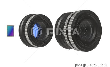 3D illustration of a system of lenses and matrix. The matrix and two corresponding lenses, white background, 3D rendering 104252325