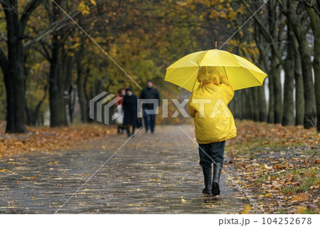 Lonely boy with an umbrella walking in the rain in autumn park. Child on the walk. Back view Lonely boy with an umbrella walking in the rain in autumn park. Child on the walk. Back view 104252678