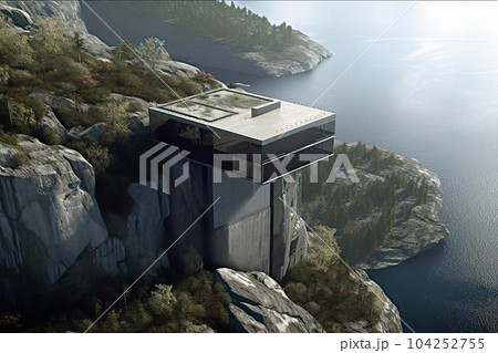 A breathtaking aerial view of a contemporary concrete building perched atop a cliff, offering an expansive vista of a serene lake 104252755