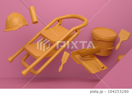 Abstract scene with folding ladder, bucket and paint roller on monochrome 104253280