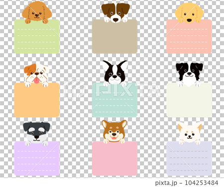 Hand-drawn illustration set of various dog faces holding square notes With front paws No main lines Hand-drawn illustration set of various dog faces holding square notes With front paws No main lines 104253484