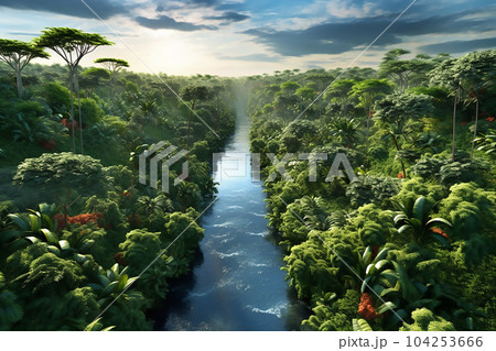 Beautiful wildlife view of exotic river. Generative AI Beautiful wildlife view of exotic river. Generative AI 104253666