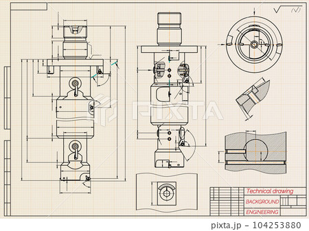 Mechanical engineering drawings on sepia background. Tap tools, borer. Technical Design. Cover. Blueprint. Vector illustration. 104253880