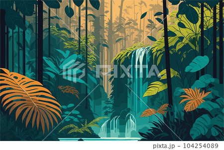 a vector background image inspired by the natural world, showcasing a lush rainforest teeming with diverse flora and fauna, cascading waterfalls, and rays of sunlight piercing through the dense canopy 104254089