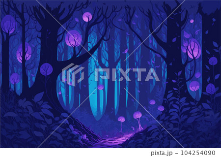 vector background illustration showcasing a magical nighttime forest. purples and blues. fireflies, glowing mushrooms. mystery and wonder fantastical nighttime forest. 104254090