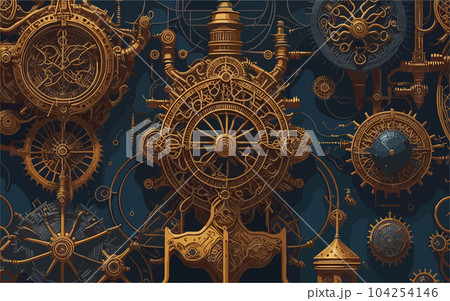 a vector background image that portrays a steampunk-inspired world, with intricate gears, cogs, and mechanical contraptions intertwined with Victorian-era architecture and industrial elements. a vector background image that portrays a steampunk-inspired world, with intricate gears, cogs, and mechanical contraptions intertwined with Victorian-era architecture and industrial elements. 104254146