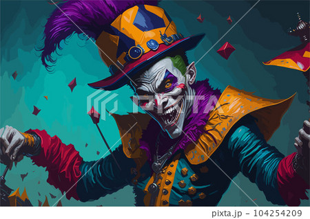 A playful trickster spirit, depicted as a mischievous jester with a wide grin and brightly colored attire. The spirit dances through a haunted carnival, causing mayhem and laughter in its wake 104254209