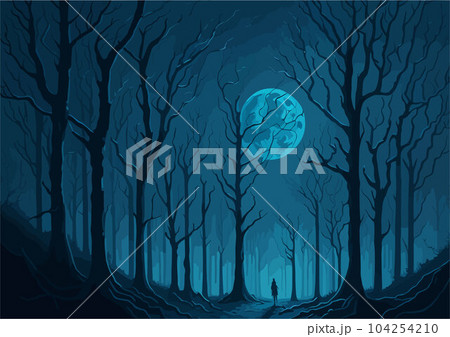 spooky, moonlit lake surrounded by dense, tangled forests. A ghostly figure emerges from the water, while a foggy mist envelops the scene, adding an ethereal touch 104254210