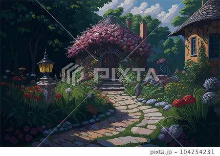 A whimsical garden filled with blooming flowers of all colors and varieties, with a charming stone pathway leading to a hidden gazebo 104254231