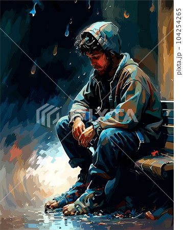 A man sitting in a chair in rainy day lonely  104254265