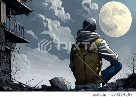 vector art of a man sitting lonely and looking at night sky with moon. old buildings in background. vector art of a man sitting lonely and looking at night sky with moon. old buildings in background. 104254367