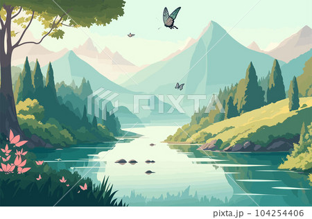 vector background illustration inspired by nature, landscape with mountains, a flowing river, and lush greenery. trees, birds, or butterflies vector background illustration inspired by nature, landscape with mountains, a flowing river, and lush greenery. trees, birds, or butterflies 104254406