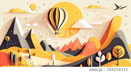 vector papercut art of a landscape with sun , mountains, clouds and balloon. for travel, nature or environment vector papercut art of a landscape with sun , mountains, clouds and balloon. for travel, nature or environment 104254413