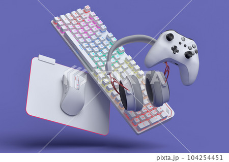 Top view gamer gears like joystick, keyboard, headphones and mouse 104254451