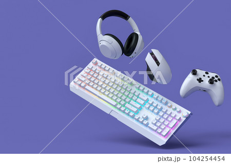 Top view gamer gears like joystick, keyboard, headphones and mouse Top view gamer gears like joystick, keyboard, headphones and mouse 104254454