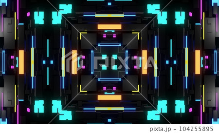 3d render. Science fiction cyberpunk bg with mechanism and neon light. 4k dark background with abstract symmetrical mechanism and neon light. 3d render. Science fiction cyberpunk bg with mechanism and neon light. 4k dark background with abstract symmetrical mechanism and neon light. 104255895