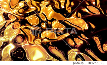 Abstract background with wavy sparkling golden liquid pattern on shiny glossy surface. Viscous yellow fluid like surface of gold foil or brilliant glass. Beautiful creative festive backdrop. 3d render Abstract background with wavy sparkling golden liquid pattern on shiny glossy surface. Viscous yellow fluid like surface of gold foil or brilliant glass. Beautiful creative festive backdrop. 3d render 104255920