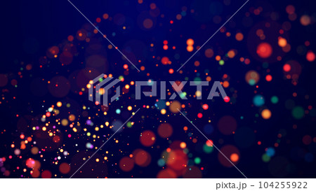 Magical multicolored sparkles of light form abstract simple spiral structure. Multi-colored glow particles float in viscous liquid as fantastic 3d background. 3d render 104255922