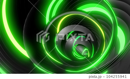 3d render. Abstract geometric bg with rings form complex twisted spiral and light effects. Rings flash neon green lights. Neon ring bulbs for show or events, festivals or concerts 3d render. Abstract geometric bg with rings form complex twisted spiral and light effects. Rings flash neon green lights. Neon ring bulbs for show or events, festivals or concerts 104255941