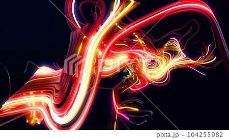 3d render. Abstract bg with lines. Multicolor flash of curved lines. Concept of computing neural network, artificial intelligence, AI. Neon lights like garland or lightnings. 104255982