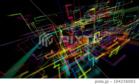 3d rendering sci-fi bg like abstract hologram. Multicolor neon glow lines form digital 3d space. Connection concept, visualization of multiple calculations of various branches neural network or AI 3d rendering sci-fi bg like abstract hologram. Multicolor neon glow lines form digital 3d space. Connection concept, visualization of multiple calculations of various branches neural network or AI 104256003