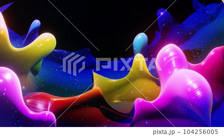 Liquid gradient rainbow color. Bright glossy paint surface as abstract festive background. Glitters on viscous liquid with 3d splashes on surface like drops. 3d render Liquid gradient rainbow color. Bright glossy paint surface as abstract festive background. Glitters on viscous liquid with 3d splashes on surface like drops. 3d render 104256005
