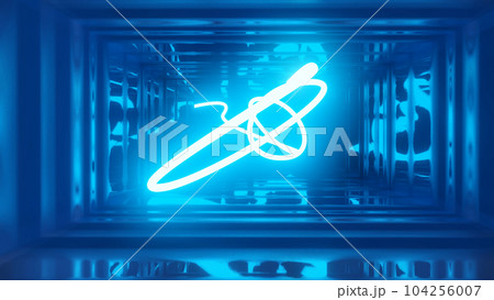 3d render. Neon ray flies in mirror room reflected in numerous mirrors. Abstract neon light in a shiny room. 104256007