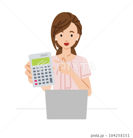 座ってデスクでノートPCを開いて電卓を指差してこちらに向けて見せているオフィスカジュアルの女性 座ってデスクでノートPCを開いて電卓を指差してこちらに向けて見せているオフィスカジュアルの女性 104258151